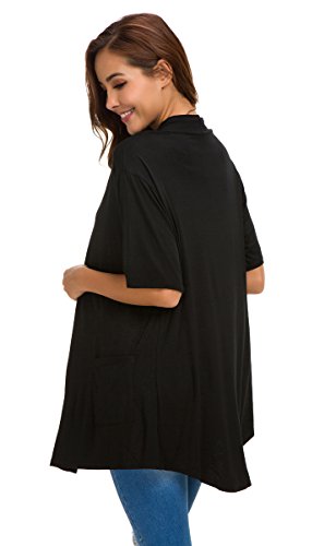 ADANIKI Womens Short Sleeve Open Front Lightweight Casual Comfy Long Line Drape Hem Soft Modal Cardigans Sweater with Two Pockets (Black, XL)
