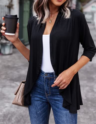 Zeagoo Women's Open Front 3/4 Sleeve Draped Ruffles Knit Cardigan X-Large Black