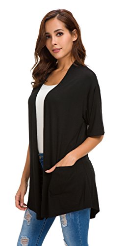 ADANIKI Womens Short Sleeve Open Front Lightweight Casual Comfy Long Line Drape Hem Soft Modal Cardigans Sweater with Two Pockets (Black, XL)