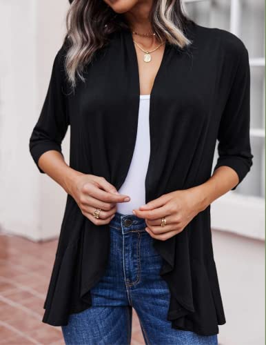 Zeagoo Women's Open Front 3/4 Sleeve Draped Ruffles Knit Cardigan X-Large Black