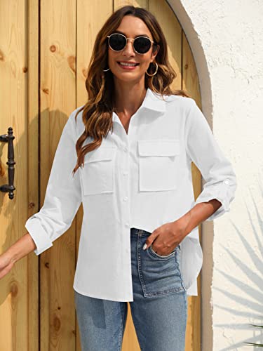 Womens Button Down V Neck Shirts Roll Up Long Sleeve Blouse Loose Fit Casual Work Plain Tops with Pockets White