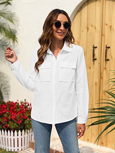 Womens Button Down V Neck Shirts Roll Up Long Sleeve Blouse Loose Fit Casual Work Plain Tops with Pockets White