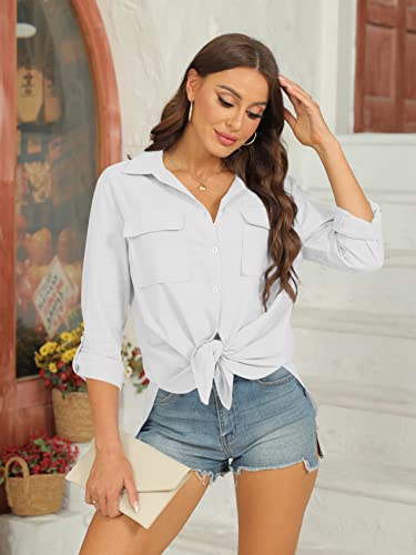 Womens Button Down V Neck Shirts Roll Up Long Sleeve Blouse Loose Fit Casual Work Plain Tops with Pockets White