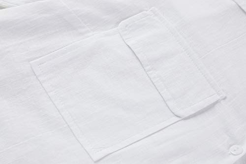 Womens Button Down V Neck Shirts Roll Up Long Sleeve Blouse Loose Fit Casual Work Plain Tops with Pockets White