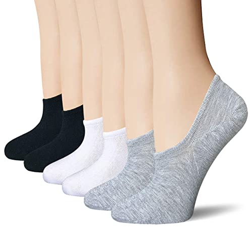 BERING Womens No Show Socks Ankle Thin Non Slip Footies Sneaker Low Cut for Flats Loafers Slip On, Size 6-9, Black/White/Grey, 6 Pairs