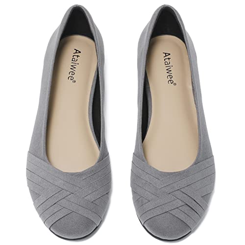 Ataiwee Women's Wide Width Flats Shoes - Classic Round Dress Suede Ballet Slip on Shoes.(1910002-6,GR/MF,8 W)