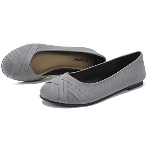 Ataiwee Women's Wide Width Flats Shoes - Classic Round Dress Suede Ballet Slip on Shoes.(1910002-6,GR/MF,8 W)