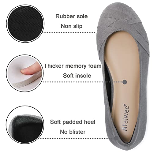 Ataiwee Women's Wide Width Flats Shoes - Classic Round Dress Suede Ballet Slip on Shoes.(1910002-6,GR/MF,8 W)