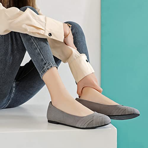 Ataiwee Women's Wide Width Flats Shoes - Classic Round Dress Suede Ballet Slip on Shoes.(1910002-6,GR/MF,8 W)