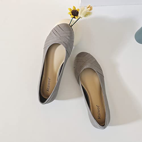 Ataiwee Women's Wide Width Flats Shoes - Classic Round Dress Suede Ballet Slip on Shoes.(1910002-6,GR/MF,8 W)