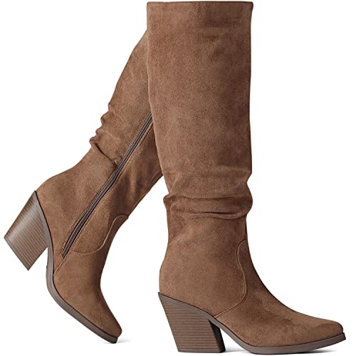 Putu Women's Pointed Toe Knee High Boots Faux Suede Stacked Chunky Heel Boots Side Zipper Slouchy High Boots Brown