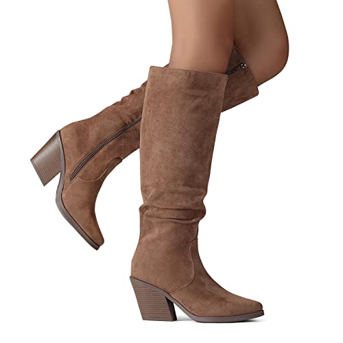 Putu Women's Pointed Toe Knee High Boots Faux Suede Stacked Chunky Heel Boots Side Zipper Slouchy High Boots Brown