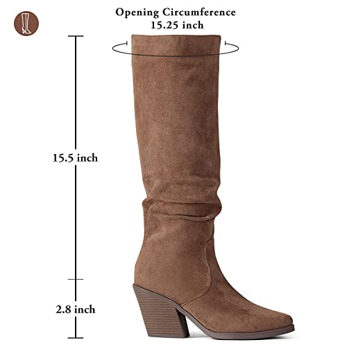 Putu Women's Pointed Toe Knee High Boots Faux Suede Stacked Chunky Heel Boots Side Zipper Slouchy High Boots Brown