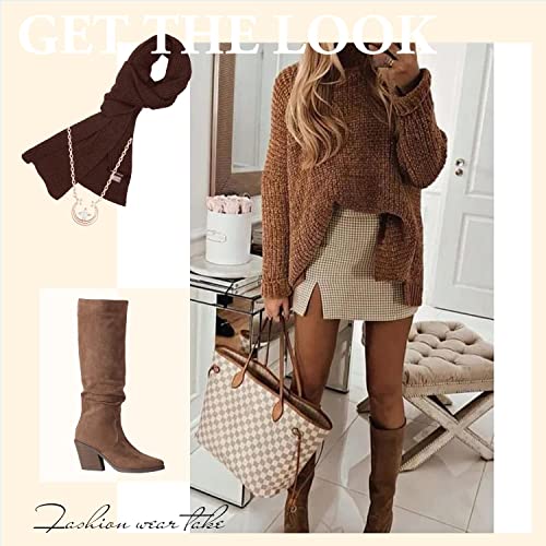 Putu Women's Pointed Toe Knee High Boots Faux Suede Stacked Chunky Heel Boots Side Zipper Slouchy High Boots Brown
