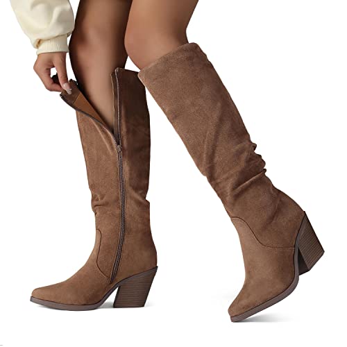 Putu Women's Pointed Toe Knee High Boots Faux Suede Stacked Chunky Heel Boots Side Zipper Slouchy High Boots Brown