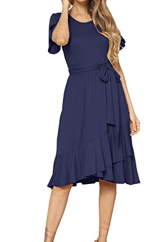 Women's Plain Casual Swing Midi Modest Belt Dress Deep Blue M