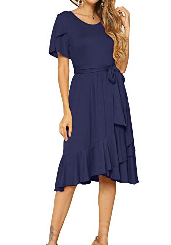 Women's Plain Casual Swing Midi Modest Belt Dress Deep Blue M