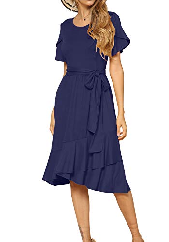 Women's Plain Casual Swing Midi Modest Belt Dress Deep Blue M