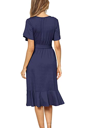 Women's Plain Casual Swing Midi Modest Belt Dress Deep Blue M
