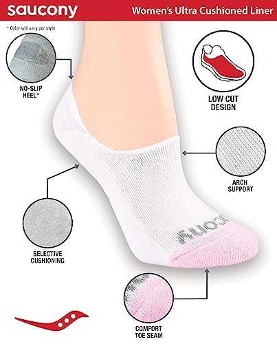 Saucony womens 8 Pairs No Show Cushioned Invisible Liner Socks, Wardrobe (8 Pairs), Shoe Size 6-10 US