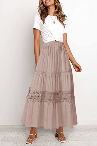 MEROKEETY Women's Boho Elastic High Waist Pleated A-line Ruffle Lace Trim Tiered Midi Maxi Skirt with Pockets,Pink,M