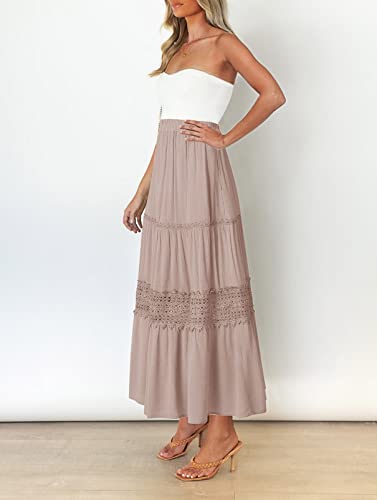 MEROKEETY Women's Boho Elastic High Waist Pleated A-line Ruffle Lace Trim Tiered Midi Maxi Skirt with Pockets,Pink,M