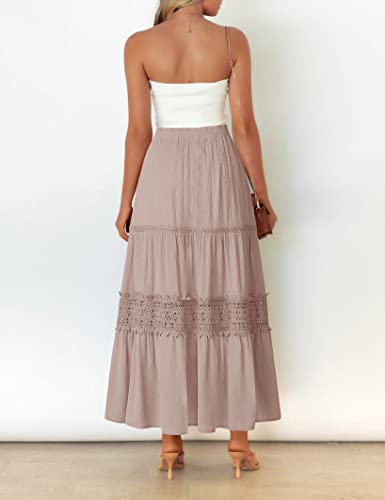 MEROKEETY Women's Boho Elastic High Waist Pleated A-line Ruffle Lace Trim Tiered Midi Maxi Skirt with Pockets,Pink,M