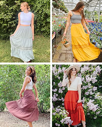 MEROKEETY Women's Boho Elastic High Waist Pleated A-line Ruffle Lace Trim Tiered Midi Maxi Skirt with Pockets,Pink,M