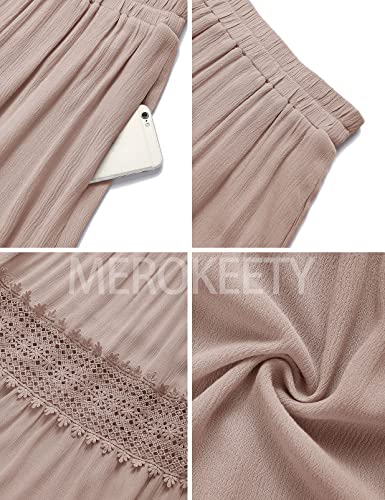 MEROKEETY Women's Boho Elastic High Waist Pleated A-line Ruffle Lace Trim Tiered Midi Maxi Skirt with Pockets,Pink,M