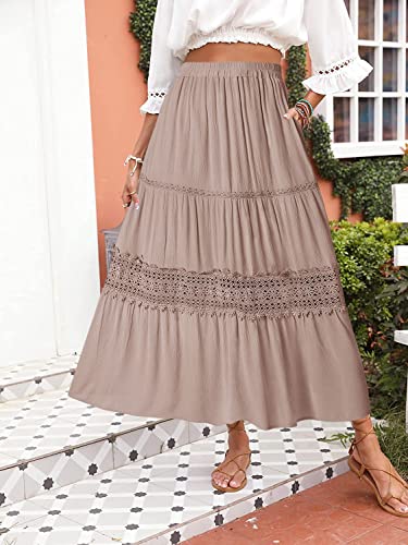 MEROKEETY Women's Boho Elastic High Waist Pleated A-line Ruffle Lace Trim Tiered Midi Maxi Skirt with Pockets,Pink,M
