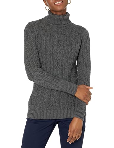 Amazon Essentials Women's Fisherman Cable Turtleneck Sweater (Available in Plus Size), Charcoal Heather, Large