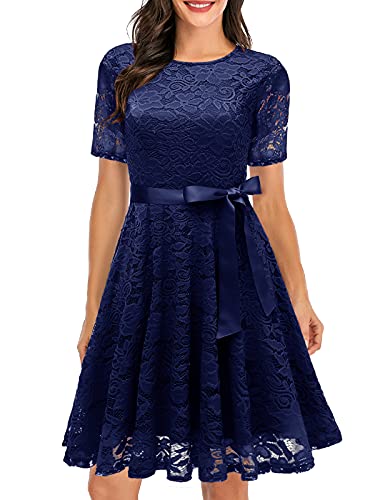 DRESSTELLS Women Lace Semi Formal Dress, Mother of The Bride Tea Party Wedding Guest Midi Cocktail Dress with Short Sleeves Navy 2XL