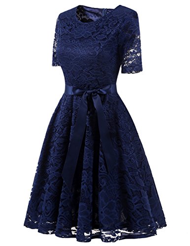 DRESSTELLS Women Lace Semi Formal Dress, Mother of The Bride Tea Party Wedding Guest Midi Cocktail Dress with Short Sleeves Navy 2XL