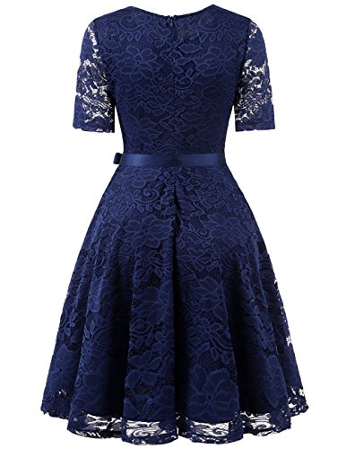 DRESSTELLS Women Lace Semi Formal Dress, Mother of The Bride Tea Party Wedding Guest Midi Cocktail Dress with Short Sleeves Navy 2XL