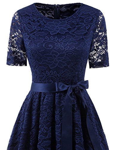 DRESSTELLS Women Lace Semi Formal Dress, Mother of The Bride Tea Party Wedding Guest Midi Cocktail Dress with Short Sleeves Navy 2XL