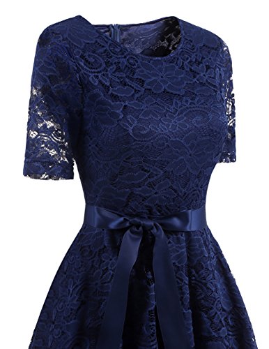 DRESSTELLS Women Lace Semi Formal Dress, Mother of The Bride Tea Party Wedding Guest Midi Cocktail Dress with Short Sleeves Navy 2XL