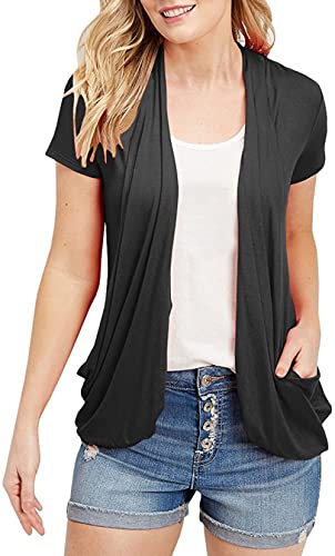 Women's Cardigans Short Sleeve Summer Lightweight Sheer Open Front Drape Casual Blouses Tops Black