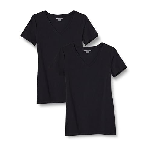 Amazon Essentials Women's Classic-Fit Short-Sleeve V-Neck T-Shirt, Pack of 2, Black, Small
