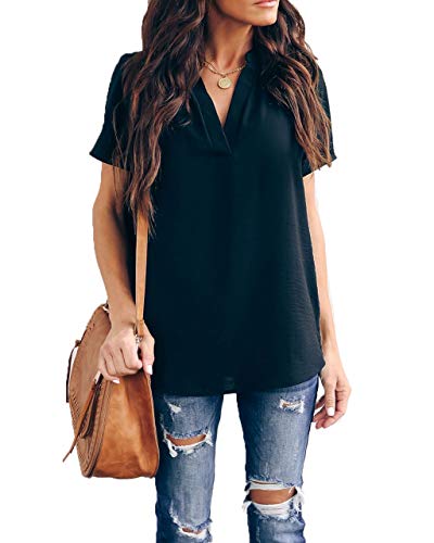 Allimy Women Summer Casual V Neck Chiffon Blouses Short Sleeve Loose Tunic Tops Plus Size 2X Black