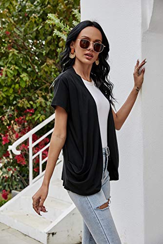 Women's Cardigans Short Sleeve Summer Lightweight Sheer Open Front Drape Casual Blouses Tops Black