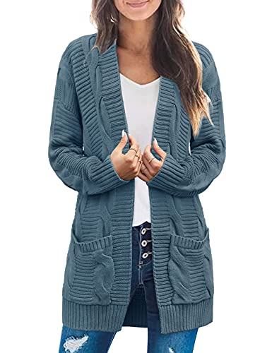 SYZRI Women's Cable Knit Open Front Cardigan Long Sleeve Chunky Sweaters Outwear with Pockets, Blue, Medium