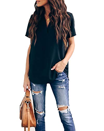 Allimy Women Summer Casual V Neck Chiffon Blouses Short Sleeve Loose Tunic Tops Plus Size 2X Black