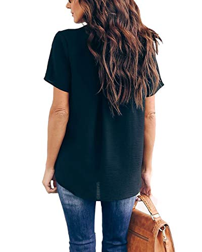 Allimy Women Summer Casual V Neck Chiffon Blouses Short Sleeve Loose Tunic Tops Plus Size 2X Black