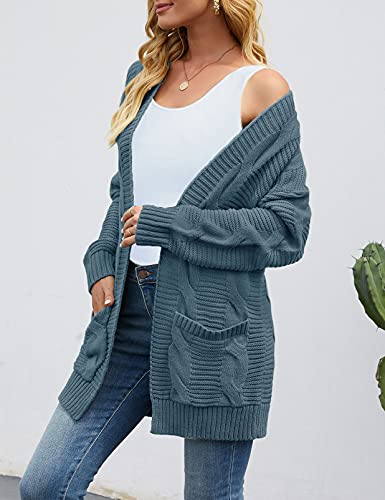 SYZRI Women's Cable Knit Open Front Cardigan Long Sleeve Chunky Sweaters Outwear with Pockets, Blue, Medium