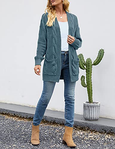 SYZRI Women's Cable Knit Open Front Cardigan Long Sleeve Chunky Sweaters Outwear with Pockets, Blue, Medium