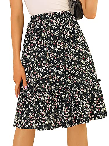 Allegra K Women's Ruffle Hem Elastic Waist Flowy A-Line Swing Floral Midi Skirt Large Black