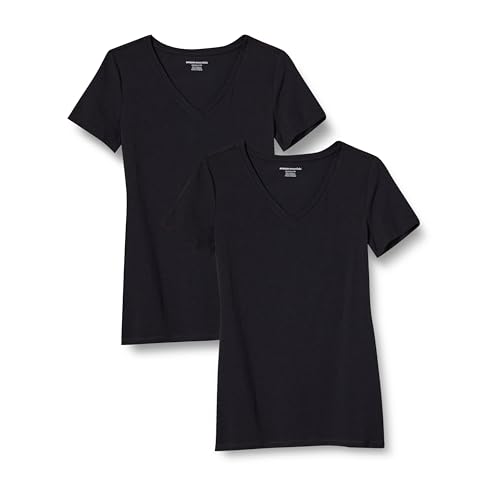Amazon Essentials Women's Classic-Fit Short-Sleeve V-Neck T-Shirt, Pack of 2, Black, Small