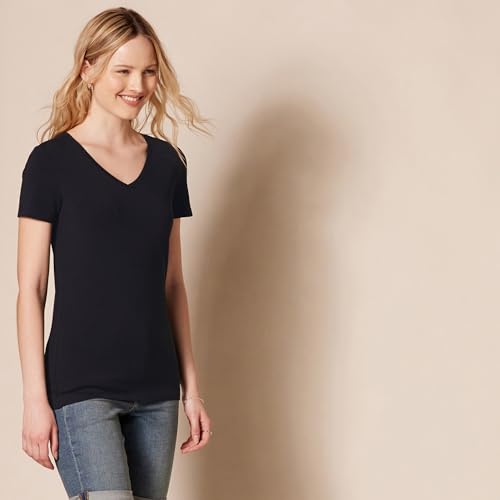 Amazon Essentials Women's Classic-Fit Short-Sleeve V-Neck T-Shirt, Pack of 2, Black, Small