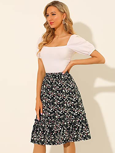 Allegra K Women's Ruffle Hem Elastic Waist Flowy A-Line Swing Floral Midi Skirt Large Black