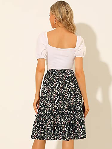 Allegra K Women's Ruffle Hem Elastic Waist Flowy A-Line Swing Floral Midi Skirt Large Black